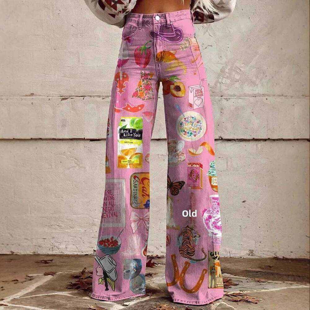 Spring Summer Wide Leg Pants Casual Long Trousers 3D Print Women Flared Plus Size Straight Type Female Jeans