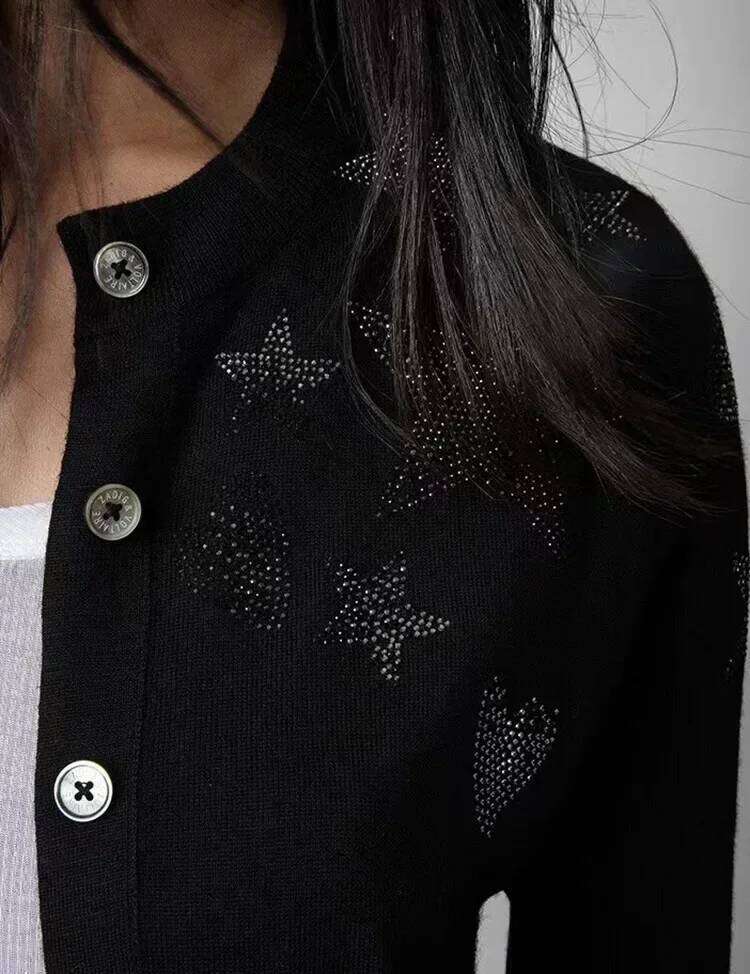 Star Heart Embellished Women Single Breated V-Neck Long Sleeve Wool Blend Cardigan Sweater Female Autumn Winter Clothes