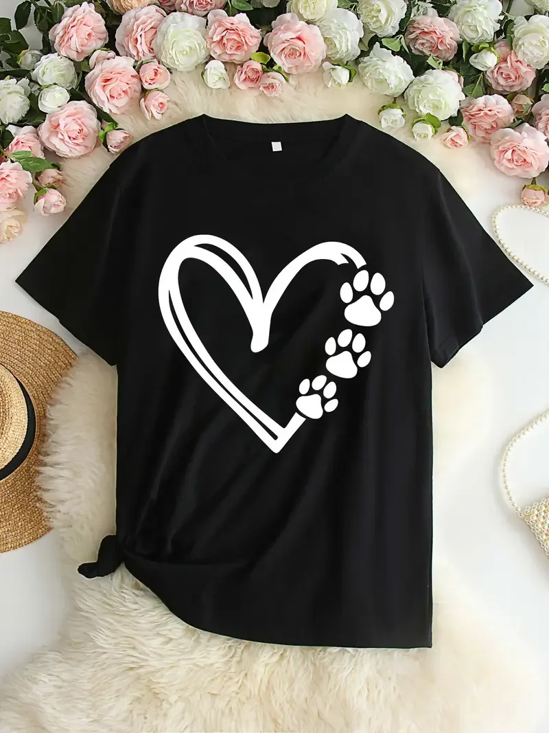 Plus Size Leopard Heart Print Designer T-Shirt Casual Crew Neck Short Sleeve T-Shirt Women's Plus Size Clothing 100% Cotton Sexy Female Tops