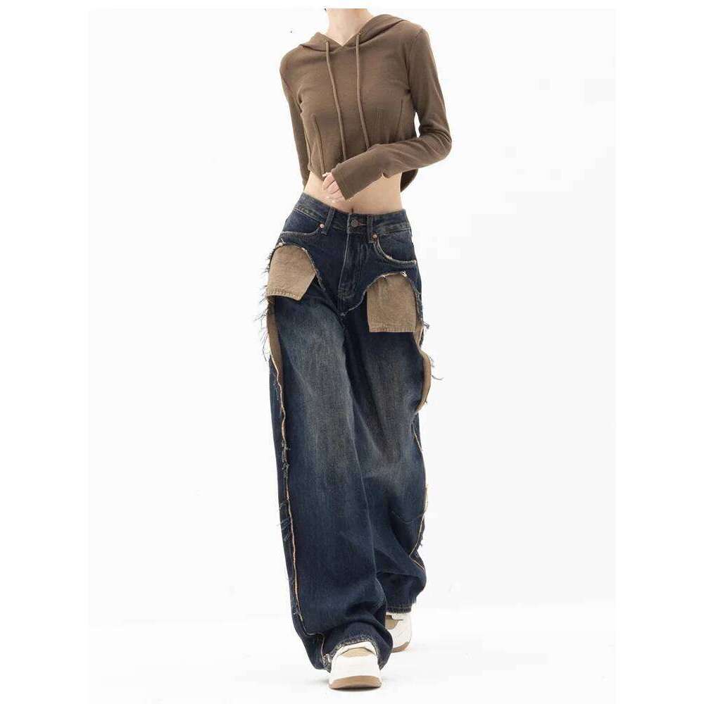 American Streetwear Style High Waist Patchwork Jeans Pants 2023 Fashion Women's Baggy Y2k Wide Leg Denim Trouser Female Clothes