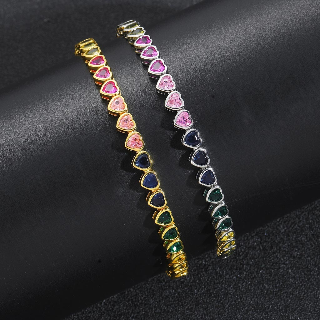 Mesa New Hip Hop Colorful Love Tennis Chain Rainbow Moissanite Personalized Trendy Hip Hop Bracelet Heart shaped moissanite