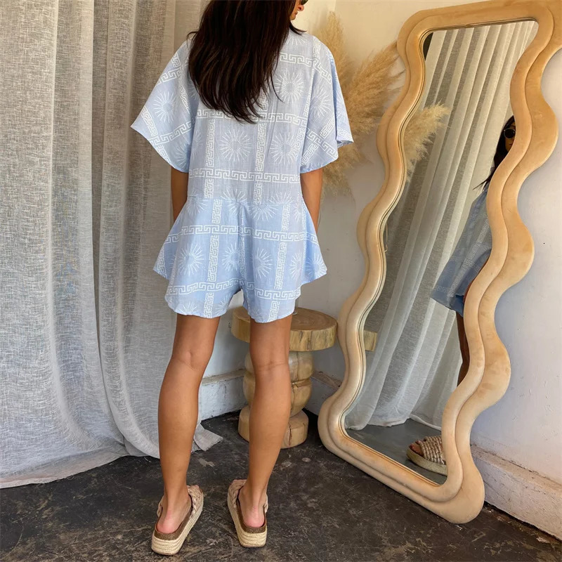 Lamuusaa Vacation Playsuit Women Summer Clothes Boho Graphic Print Single Breasted Short Sleeve Shorts Jumpsuit y2k Streetwear 250528