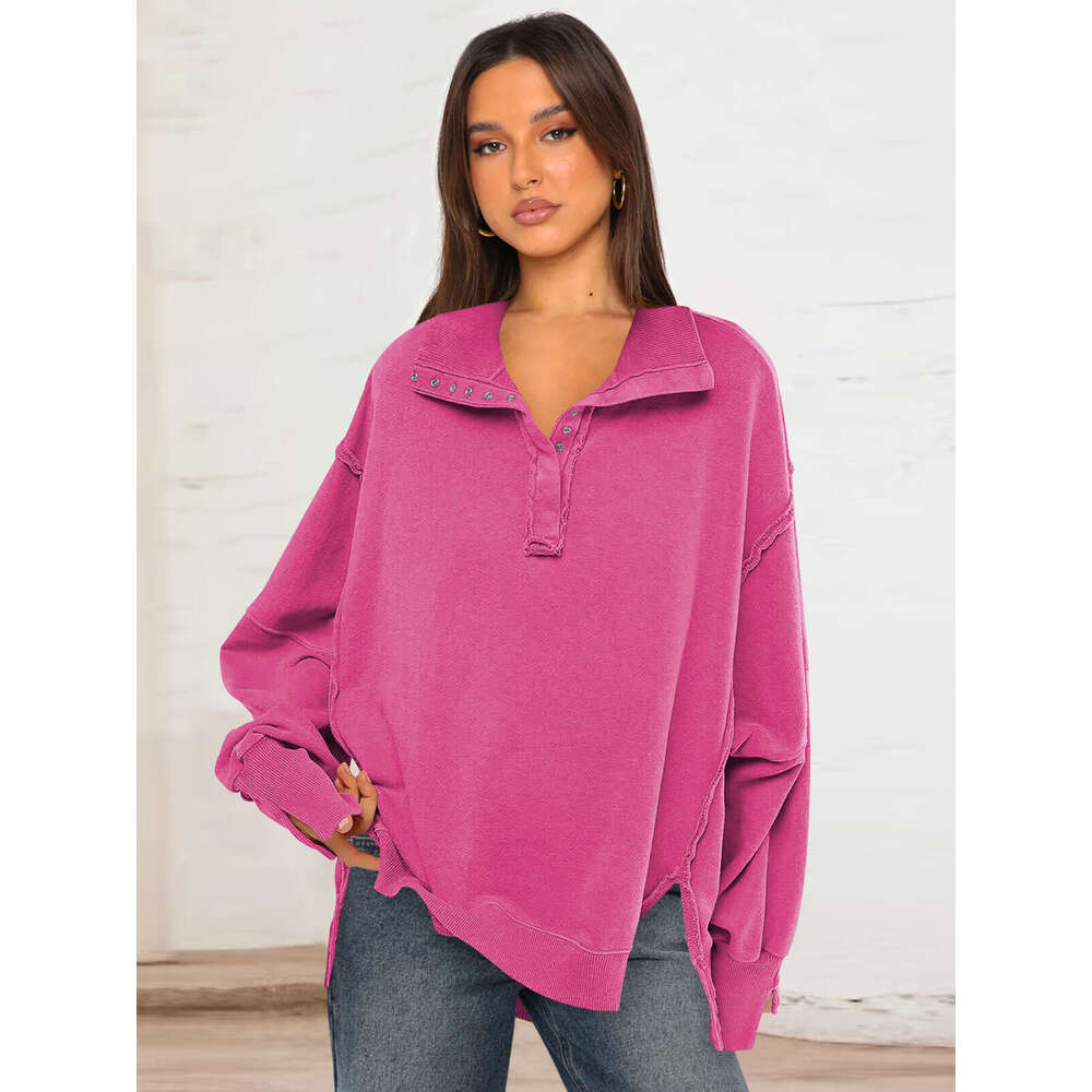 Decorative Line Design Sense Top with Split Lantern Sleeves Polo Collar Sweatshirt Jacket for Women Spring and Autumn