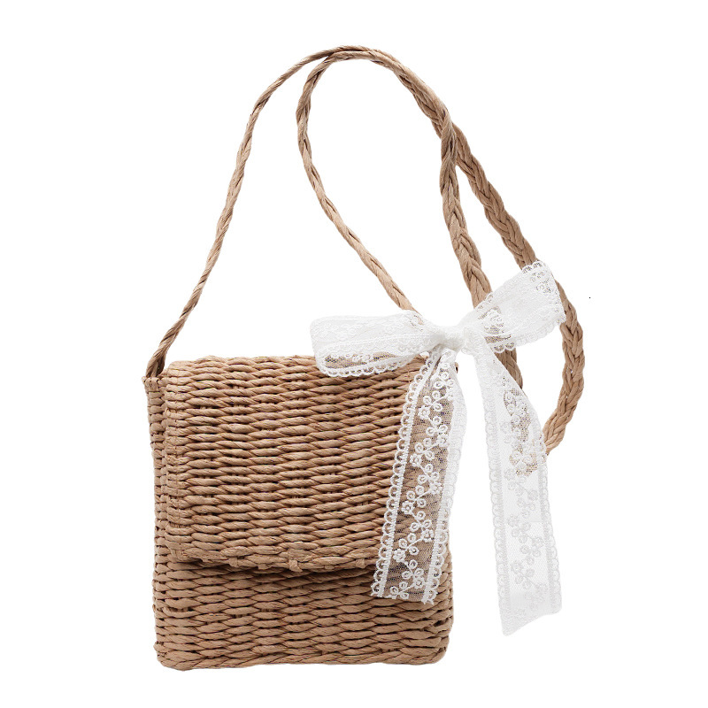 designer Beach Vacation Handwoven Tote Bag for Women 2025 New Fashionable Stylish Lace Bow Single Shoulder Crossbody Bag