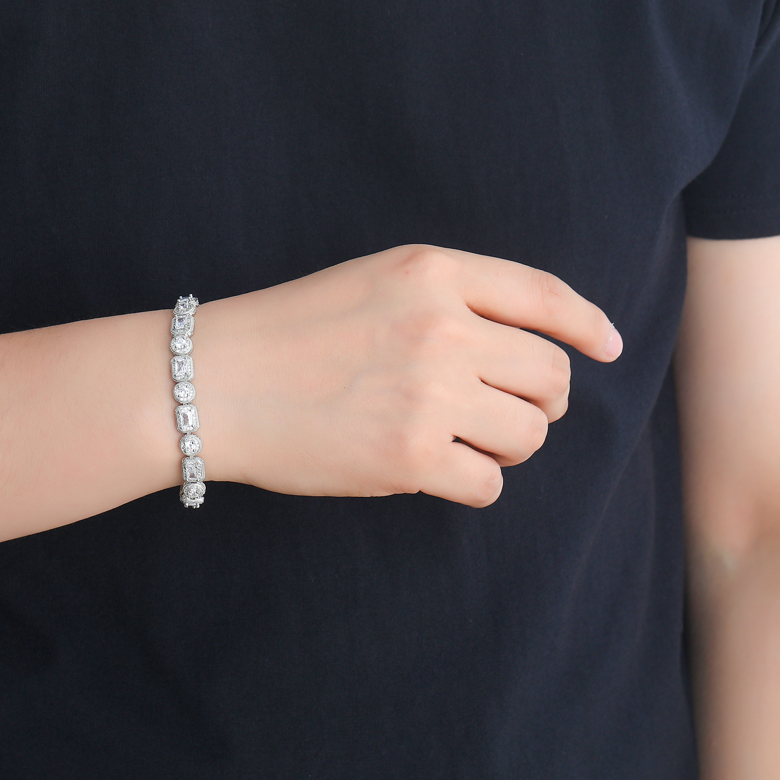 8mm square round rock sugar chain hip-hop bracelet with T-shaped Moissanite creative niche mens hip-hop trendy accessories moissanite