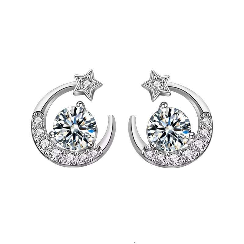 Delicate Summer Ear Jewelry Moissanite 925 Sterling Silver Star Moon Earrings Ear Studs with Needle Design