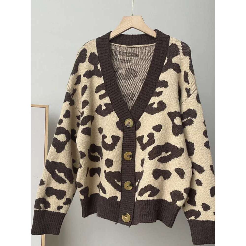 Aoaiiys Leopard Knitted Cardigan For Women Sweater Single Breasted V-Neck Long Sleeve Coat Autumn Winter 2025 Fashion Cardigans
