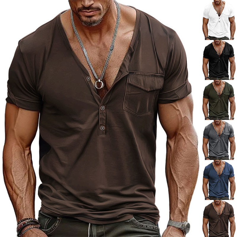 designer t shirt mens summer loose fit henley shirt pocket short sleeve t shirt deep v neck