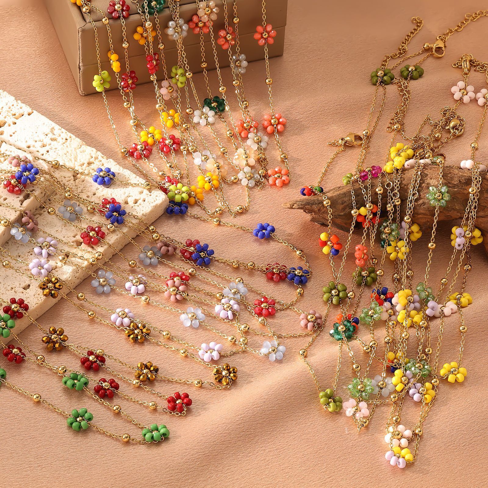 Hot Selling Summer Internet Celebrity Cute Colorful Crystal Woven Flower Titanium Steel Handmade Necklace