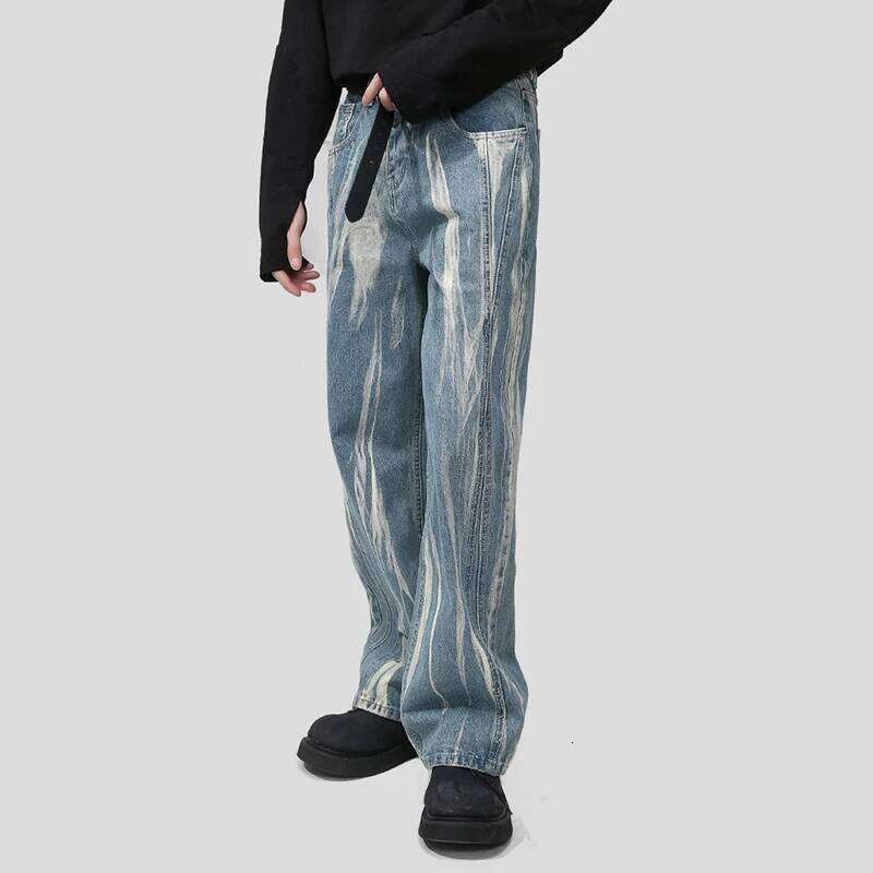 IEFB Korean Style Men's Denim Pants Tie Dye Washing New Contrast Color Casual Trousers Wide Leg Loose Male Jeans Summer 9W2482