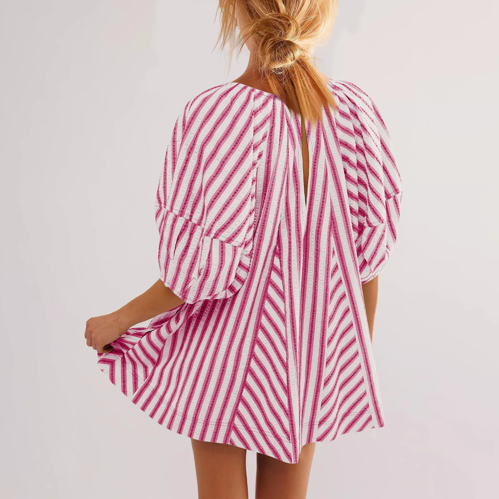 Summer Womens Fashionable Deep V-neck Tie Up Short Sleeved Striped Printed Jumpsuit Shorts Loose Casual Wide Leg Capris 250528