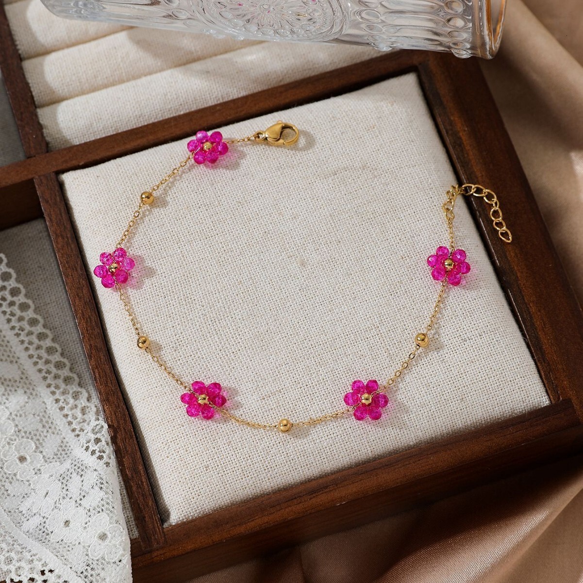 Fresh Crystal Round Bead Small Flower Necklace Bracelet Sweet Women's