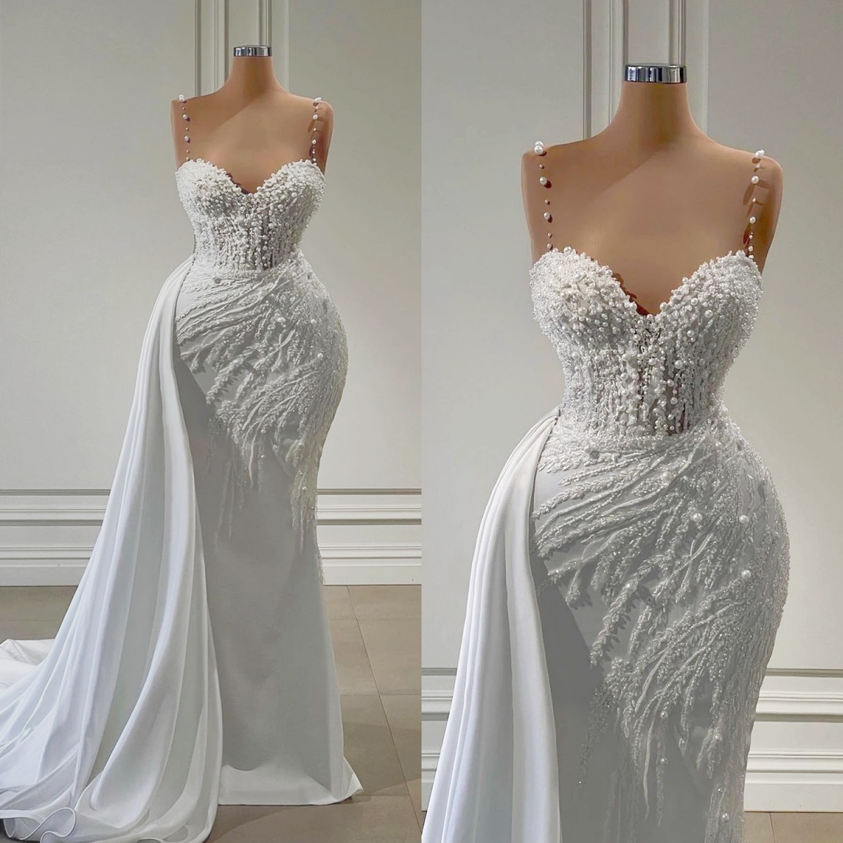 Vintage Mermaid Wedding Dress Sweetheart Neck Spaghetti Straps Bridal Gowns Pearls Appliques Sweep Train Dresses Custom Made vestidos de novia