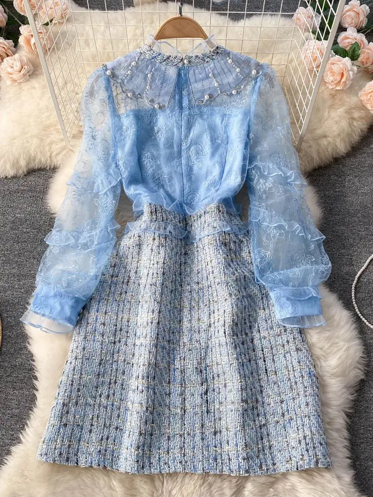 Small Fragrance Embroidery Flower Mesh Stitching Woolen Tweed Plaid Ruffle French Pearls Sweet Girls Fairy Bow Dress 250529