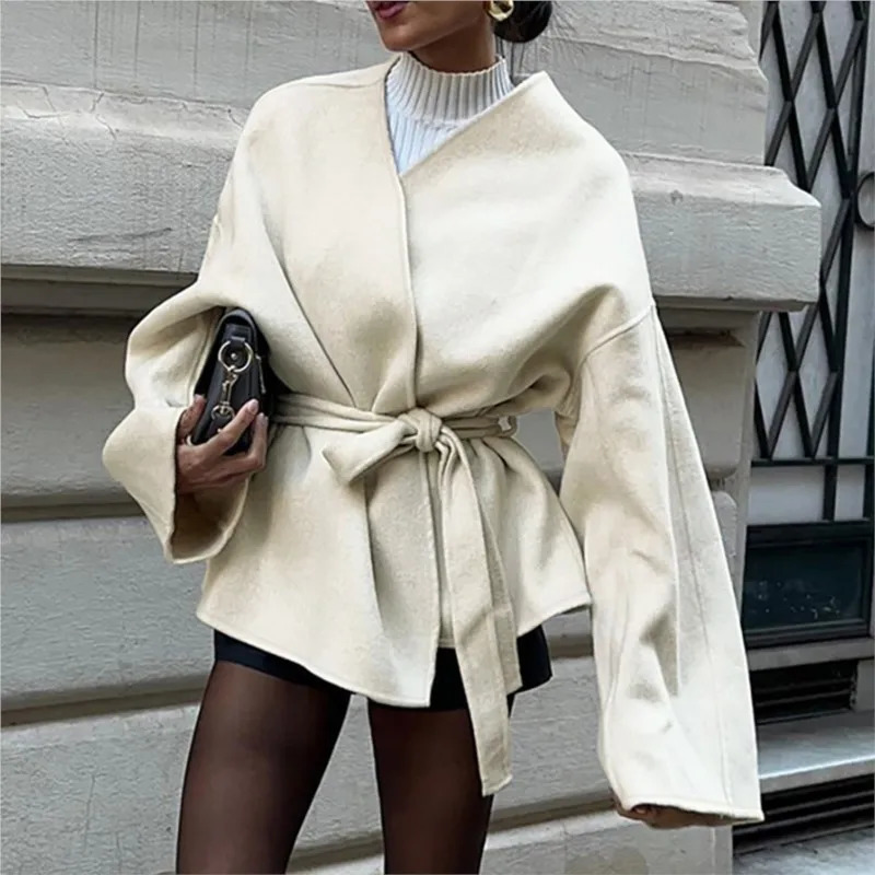 Elegant Belt Lace Up Woolen Jacket For Women Autumn Fashion Long Sleeve Short Jacket 2025 Lady Streetwear Outerwears Female 250530