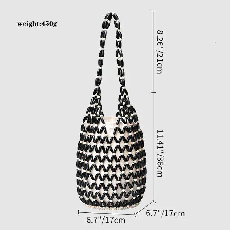 Women Woven Hand Exquisite Design Hollow-Out Wooden Bead Tote Bucket Shoulder Bag Female Summer Beach Handbag