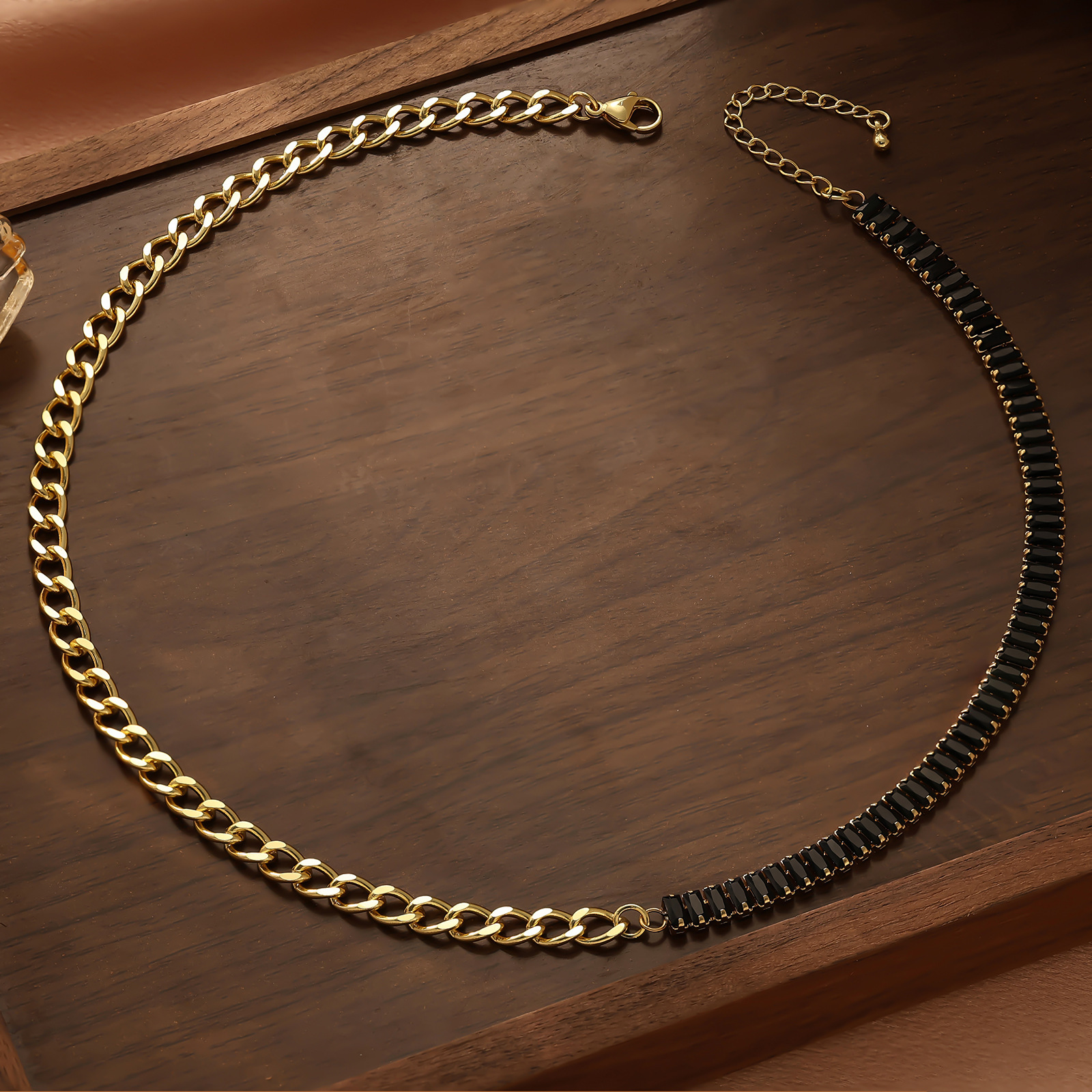 Minimalist Emerald Zircon Polished Cuban Necklace Simple Elegant Titanium Steel Vacuum Bracelet for Women