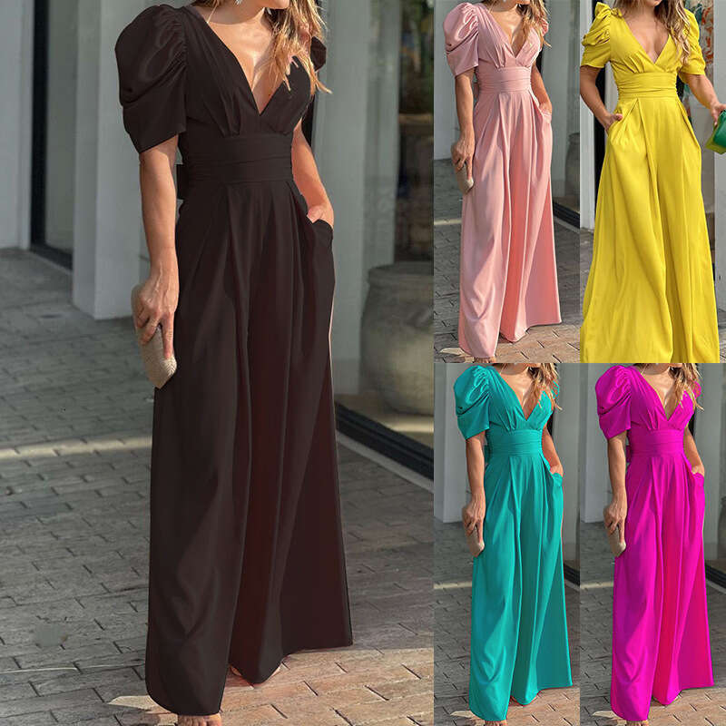 Women's Short Sleeve Fashionable Elegant Plus Size Wide Leg European and American Jumpsuit 2025 New Casual Versatile Fashion Clothing