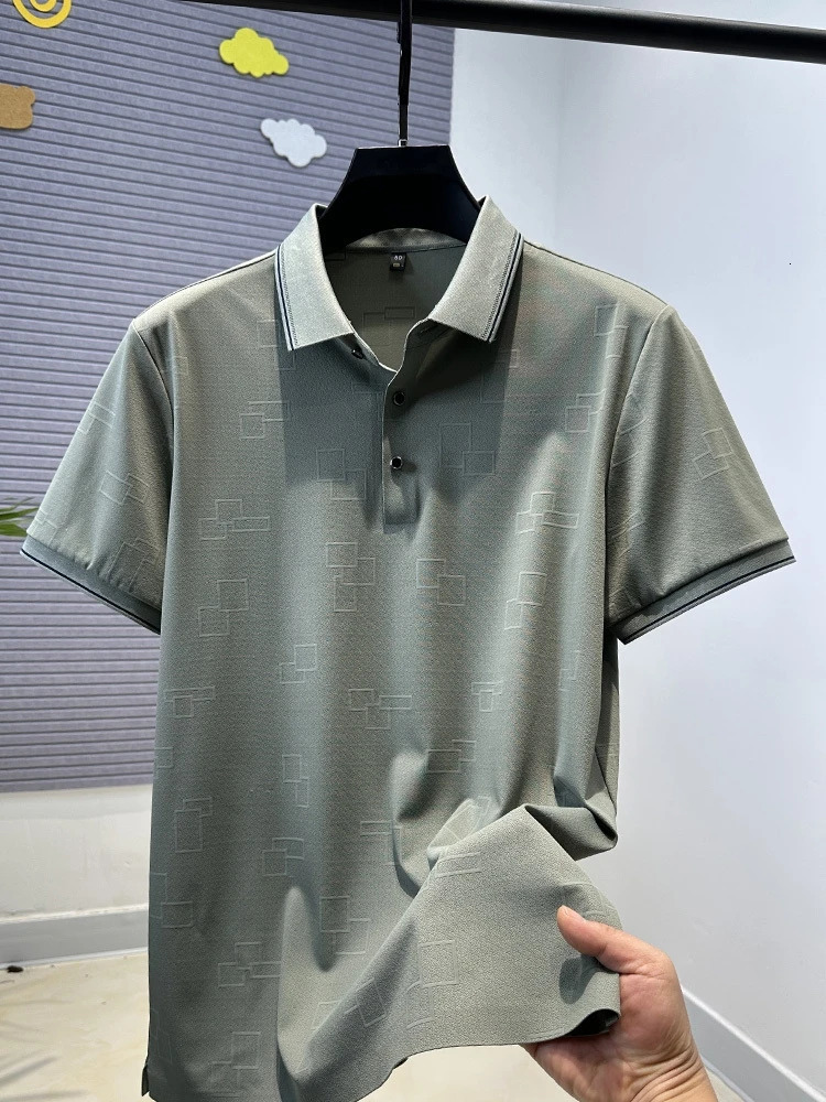 Personality checkered jacquard mens short sleeve polo shirt high-quality ice silk breathable cool summer solid color T-shirt 250526