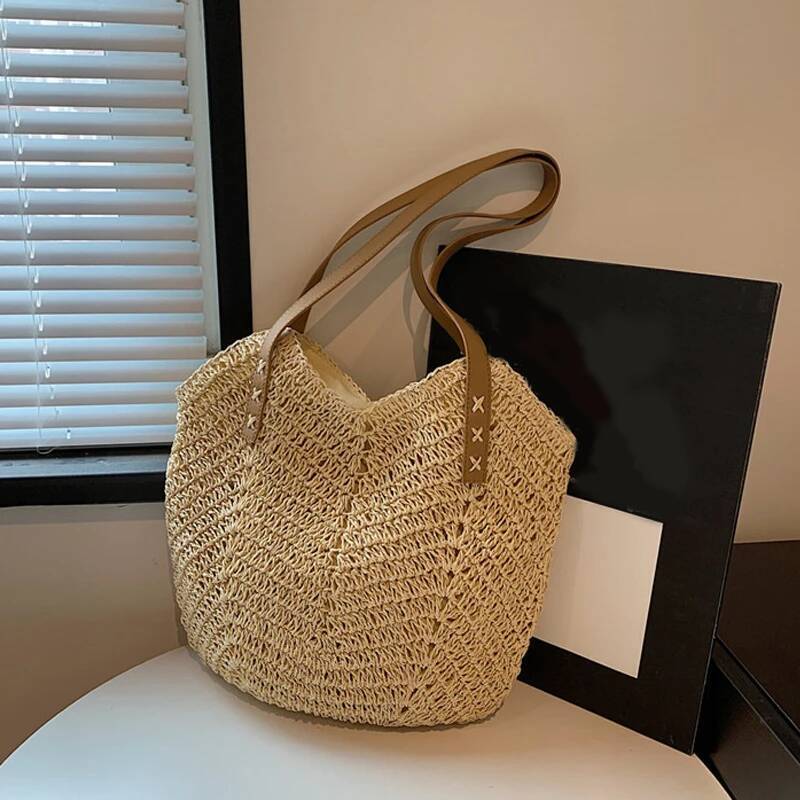 2025 New Handmade Fashion Straw Women's Shoulder Bag with Bow Scarf Suitable for Travel Beach Designers, Girls' Shopping Bag, Female Style