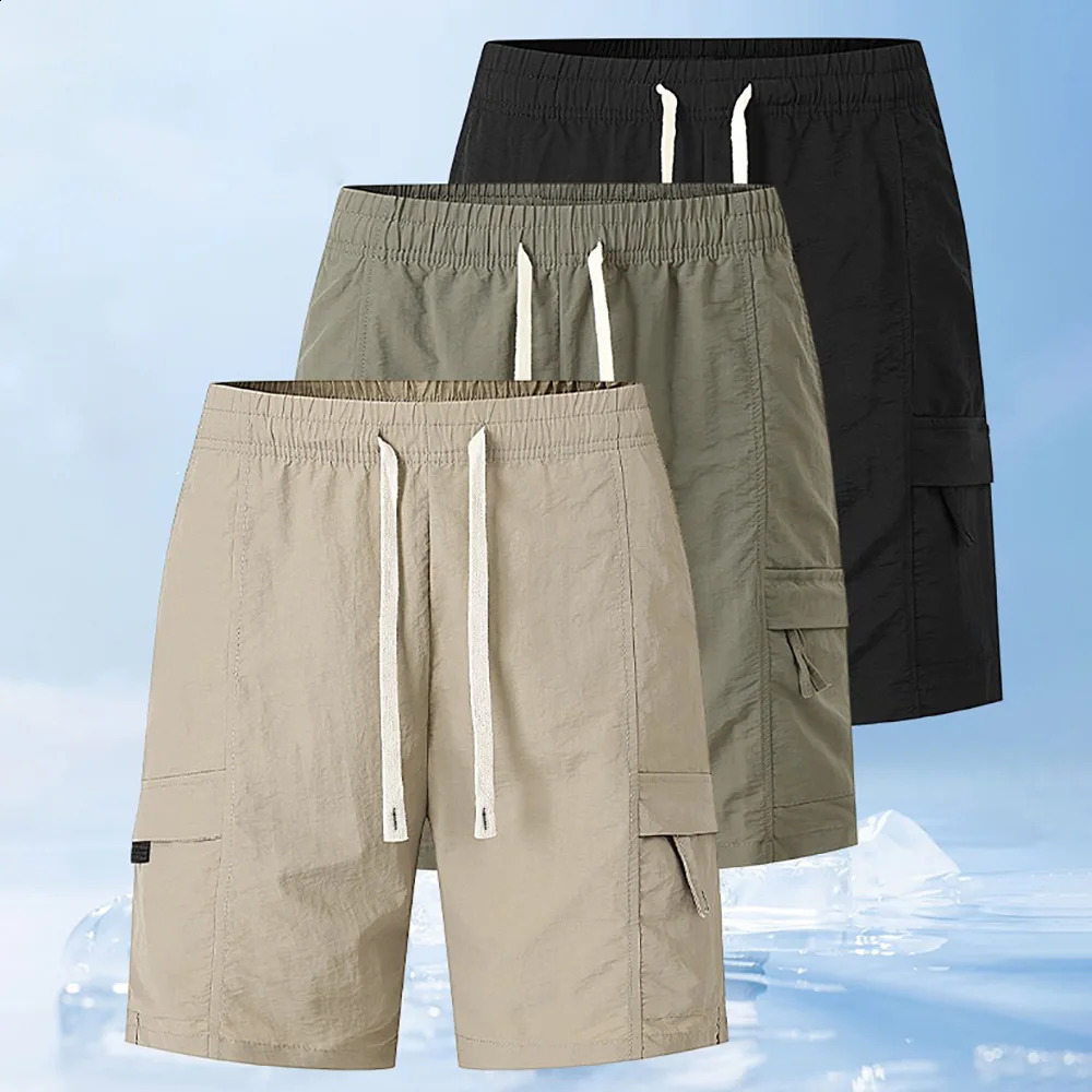 Summer Mens Cargo Pants Ice Silk Breathable Shorts Elastic Waist Solid Color Cool Feeling Short Pants Fashion Streetwear 250530