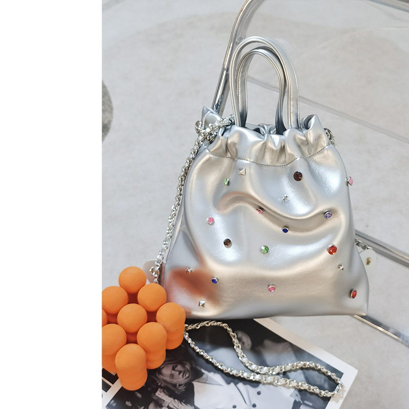 designer New Silver Niche Colorful Gemstone Chain Backpack Diamond Handbag Simple Versatile Drawstring Handbag