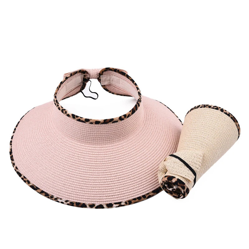 Women Summer Leopard Visors Hat Foldable Wide Large Brim Beachs Hats Outdoor Femme Bow Uv Protection Empty Top Straw Caps 250530