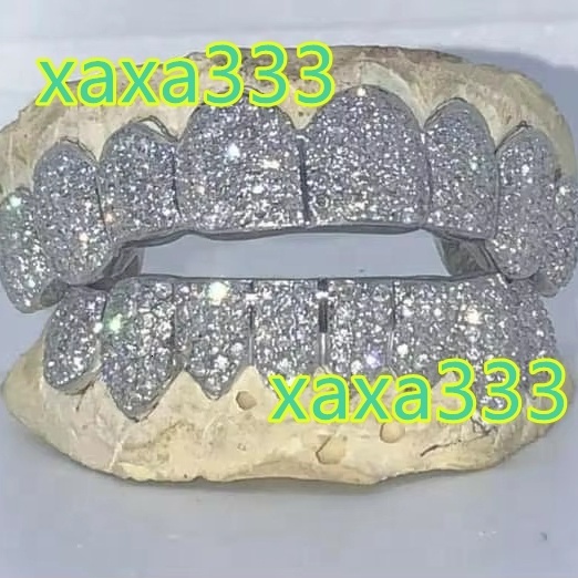 925 Silver Iced Out Moissanite Grillz 10 Top 10 Bottom Hip Hop Jewelry Rapper lux Grillz Diamond Teeth Custom Moissanite Grillz