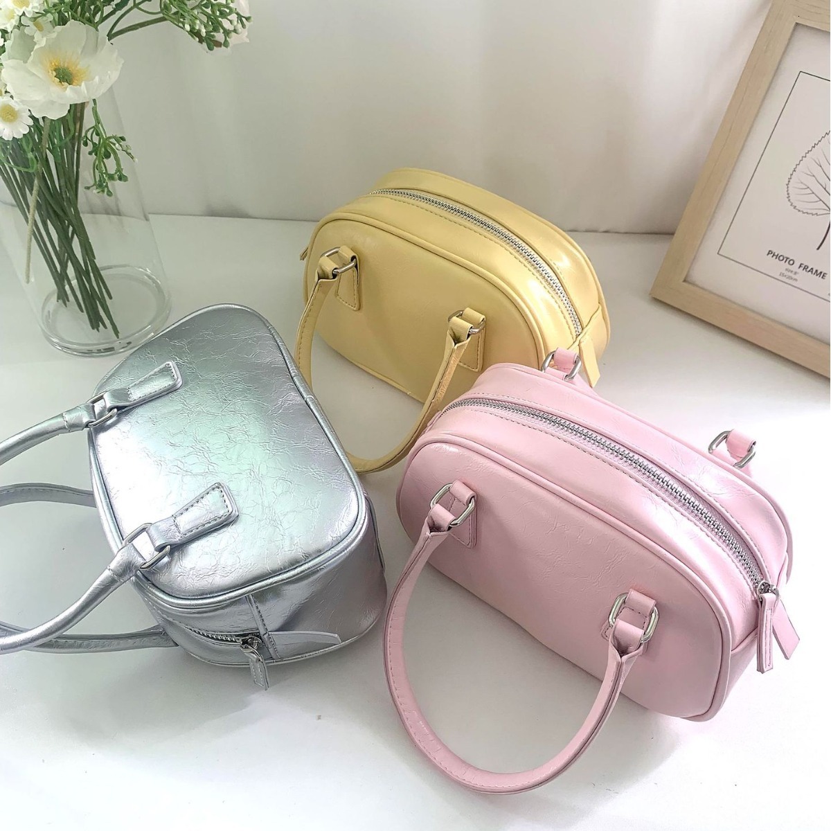 designer 2025 New PU Texture Silver Bag Polyester Small Square Bag Fashion Versatile Handbag Crossbody Bowling Ball Small Bag