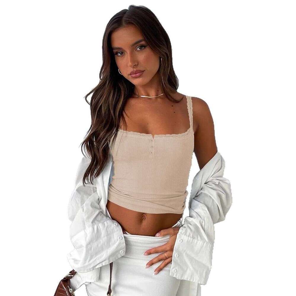 2025 Y2K Vest Solid Color Strap Sexy Slim Button Top Crop Fashion Versatile