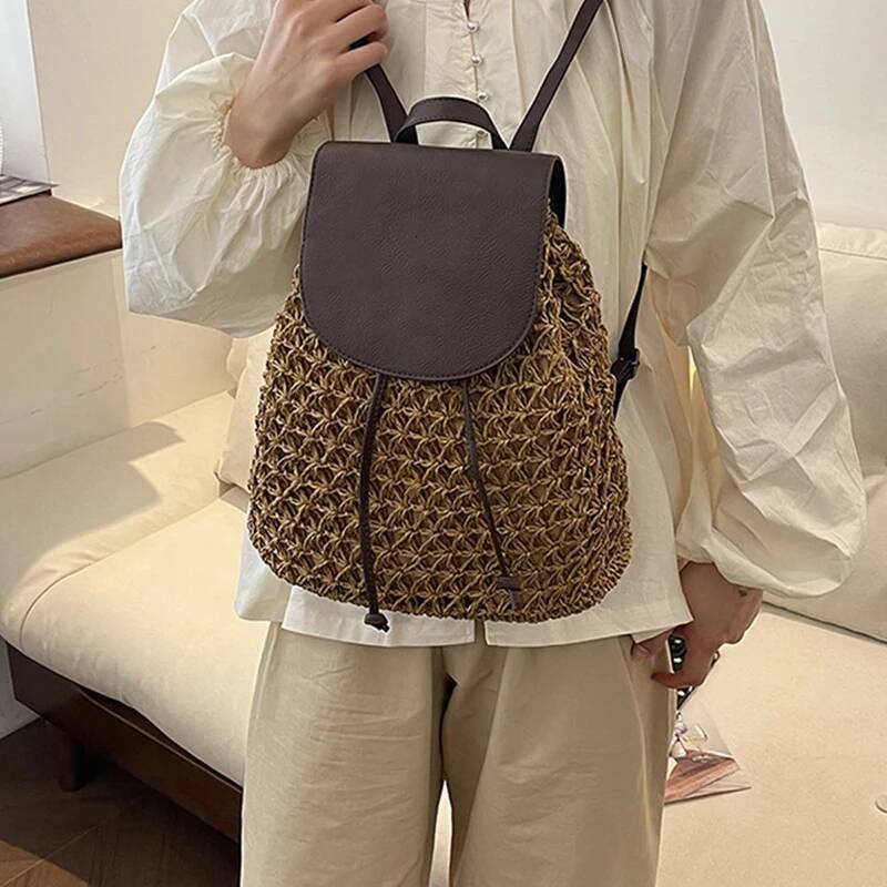 2025 New Retro Straw Backpack Designer Women's Fashion Shoulder Bag Multi functional Straw Weaving PU Leather Elegant Backpack