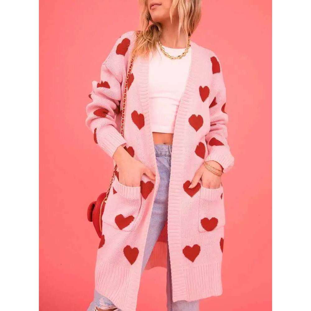 Boho Inspired Jacquared Hearts Women Long Sleeve Knitted Sweater New Autumn Winter Pink Cardigan Coat