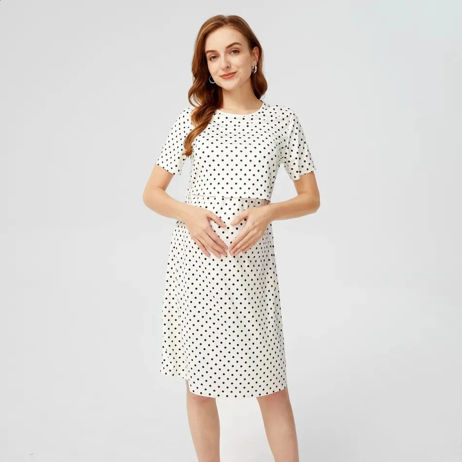 Dot Maternity Dress Short Sleeve O-Neck Nursing Dress Pregnant Women Breastfeeding Dress Pregnancy Clothing Vestidos Robe Femme 250530