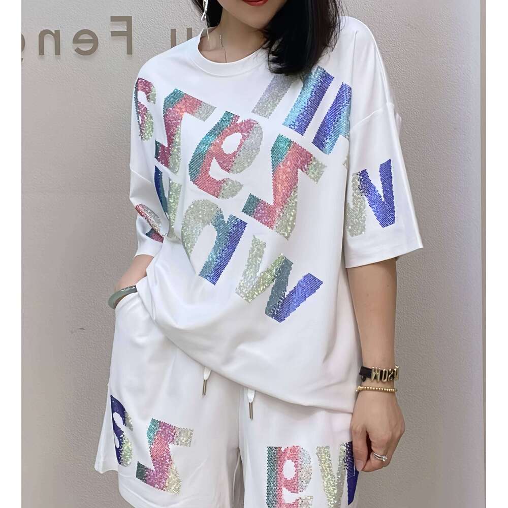 Oversized summer short-sleeved T-shirt and shorts casual set, Rhinestone wide-leg pants two-piece women's set