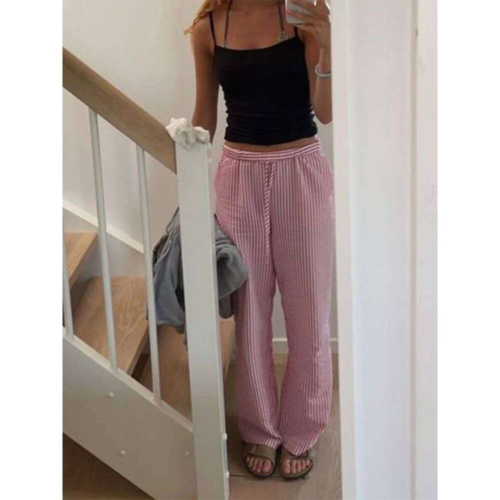Women's Casual Stripe Print Wid Leg Drawstring Elastic Waist Loose Straight Long Pants With Pockets Lounge Trousers Street