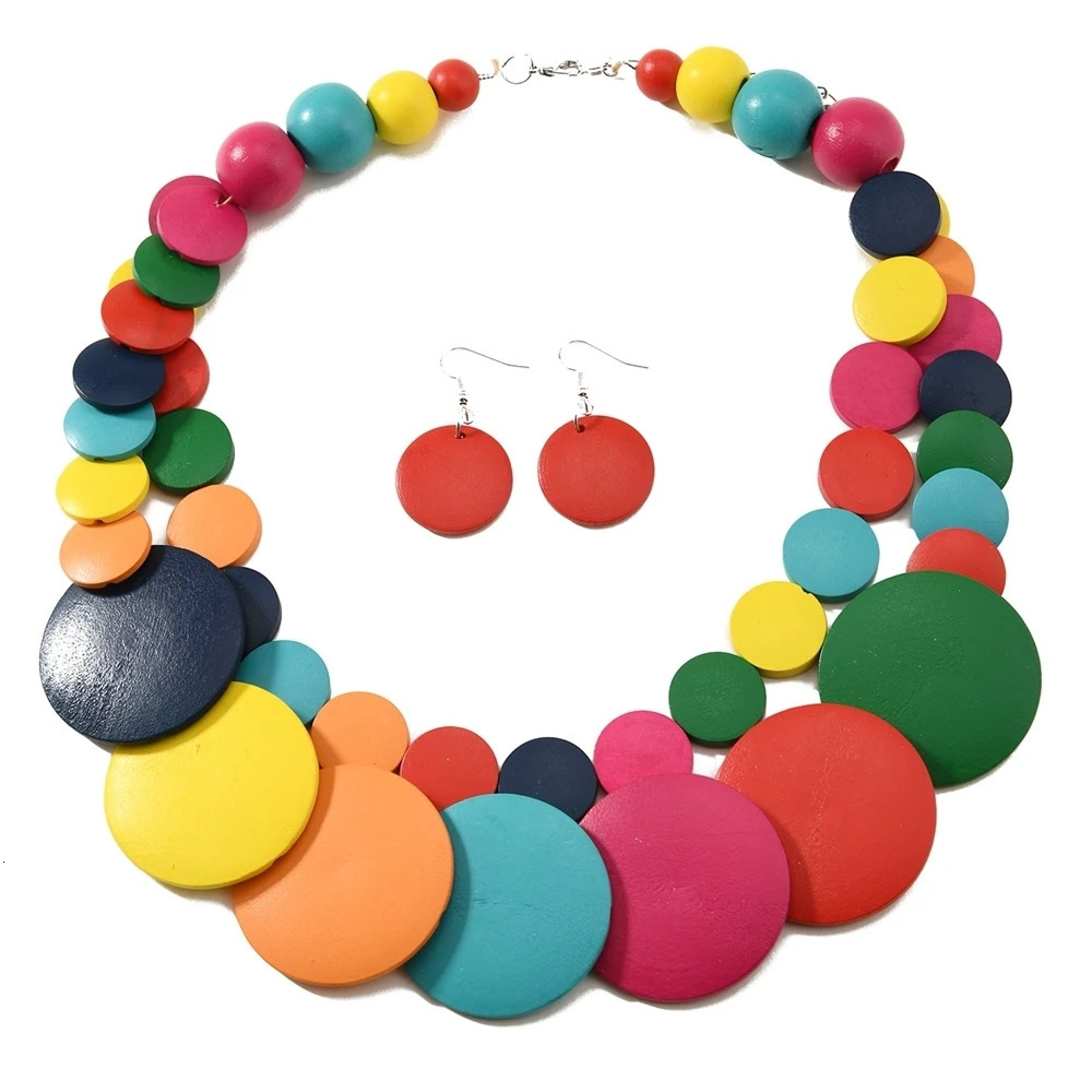 African Jewelry Bohemian Colored Geometric Round Wooden Beads Handmade Bead Necklace And Earrings Womens Party Accessories 250530