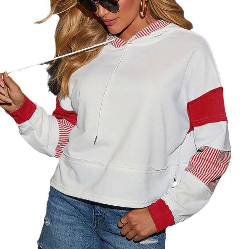 Fashion Color-Block Striped Hoodie Women's Loose Drawstring Design Sense Patchwork American Style Casual Sweatshirt