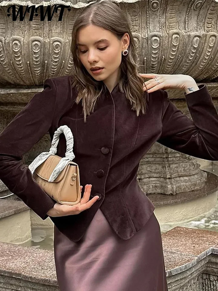Vintage Burgundy Suede Jacket Women Slim V-neck Single Breasted Long Sleeve Coats Autumn Female Office Chic Outwears 250530
