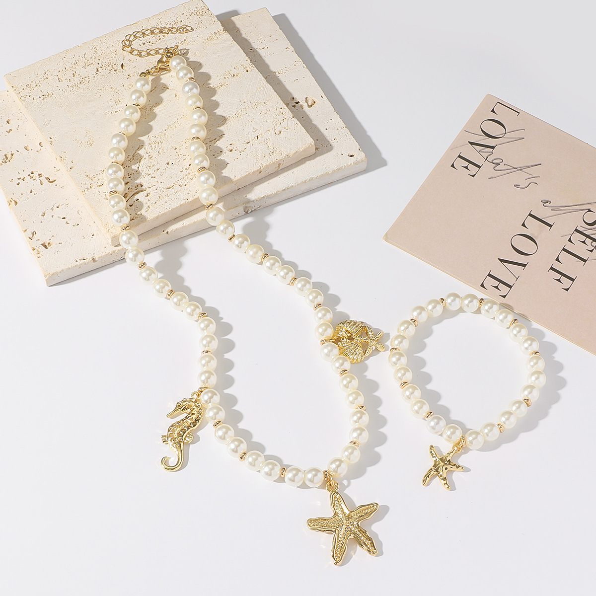 Pearl Fashion Set Starfish Seahorse Shell Necklace Neck Clavicle Chain
