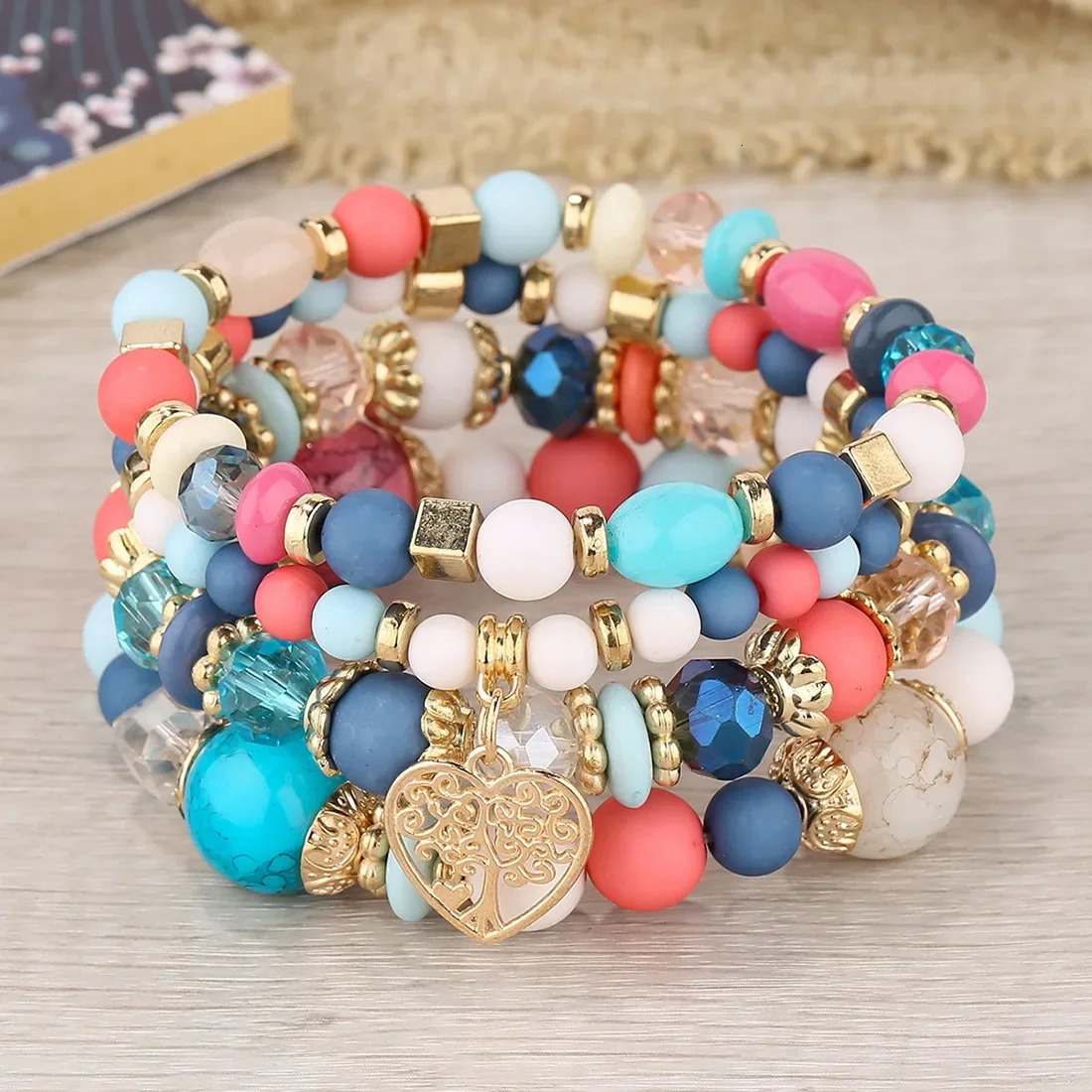 4Pcs Tree of Life Heart Bracelet Set For Women Acrylic Glass Beads Chain Elastic Bangle Female Fashion Party Jewelry 250528
