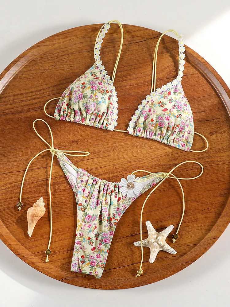 ZRTAK Triangle Bikini Set Sexy Swimwear Women 2025 Bikinis Floral Print Swimsuit Micro Thong Bandage Bathing SuitsT250602