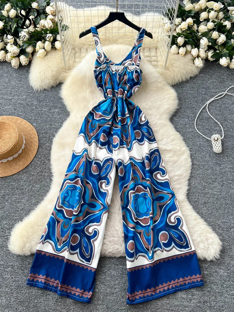 SINGREINY Senior Vintage Long Jumpsuits Female Strap Sleeveless Lace Up Skinny Backless Chic Summer Retro Beach Print Rompers 250530