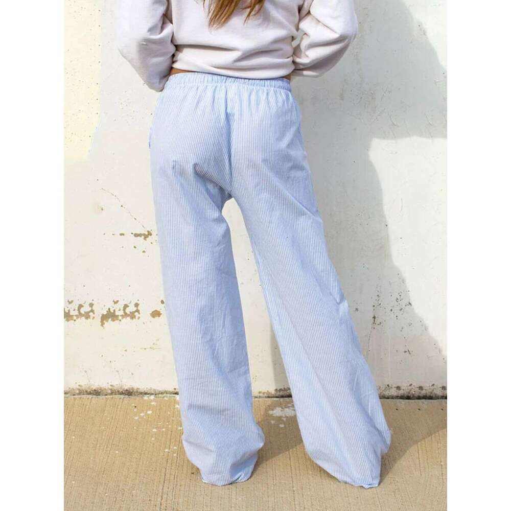 Women's Casual Stripe Print Wid Leg Drawstring Elastic Waist Loose Straight Long Pants With Pockets Lounge Trousers Street