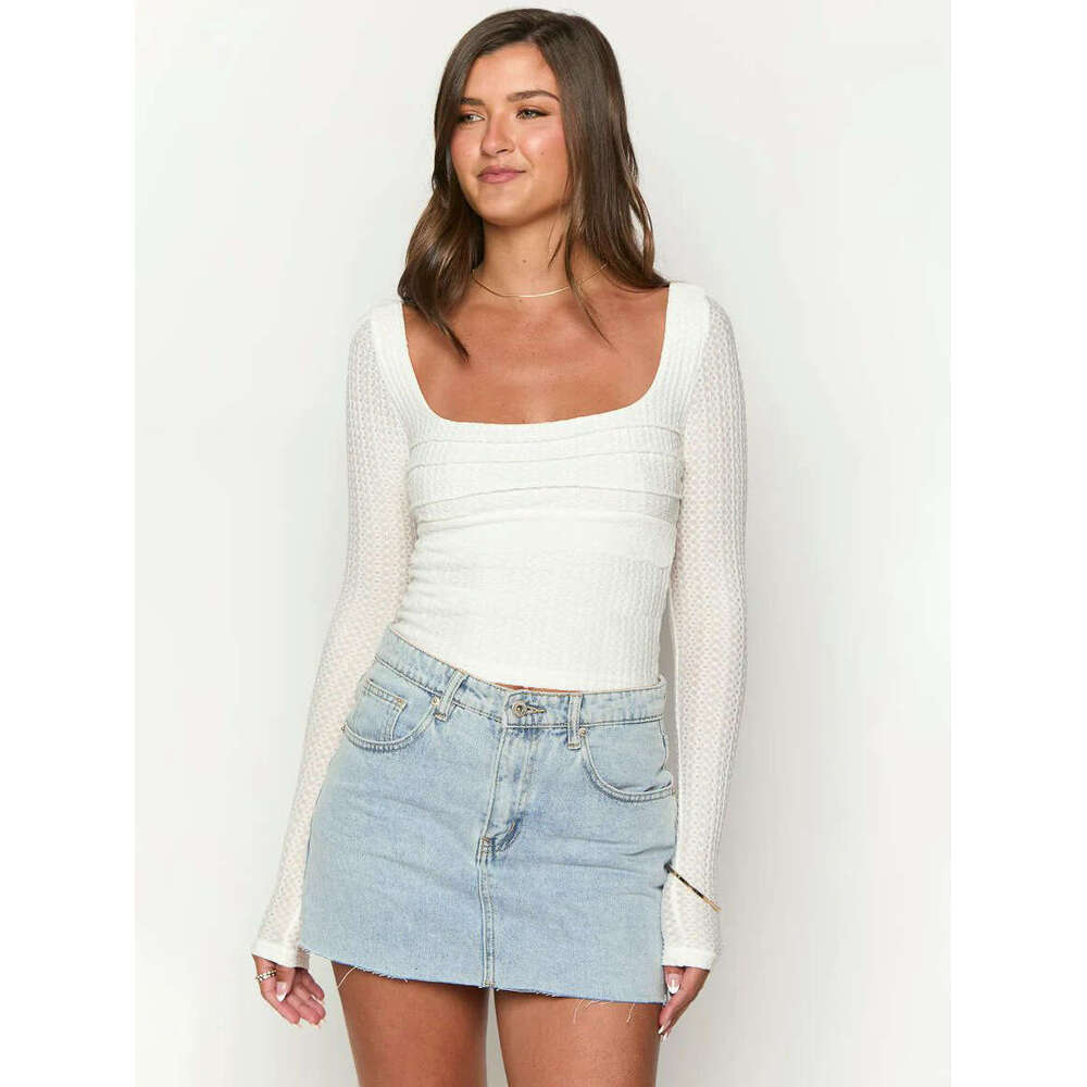 New Lace Patchwork Square Neck Slim Fit Long Sleeve T-Shirt Women's Base Shirt Backless Tie Top 1062