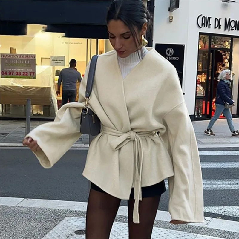 Elegant Belt Lace Up Woolen Jacket For Women Autumn Fashion Long Sleeve Short Jacket 2025 Lady Streetwear Outerwears Female 250530