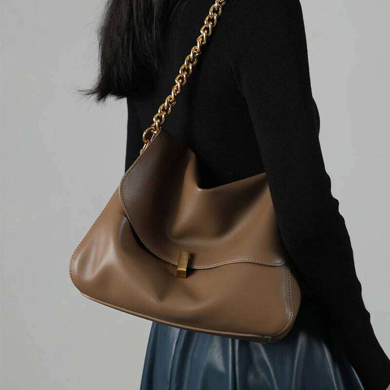 Toptrends Genuine Leather Large Chain Shoulder For Women 2025 Designer Office Messenger Bags Satchel Cow Ladies Handbags