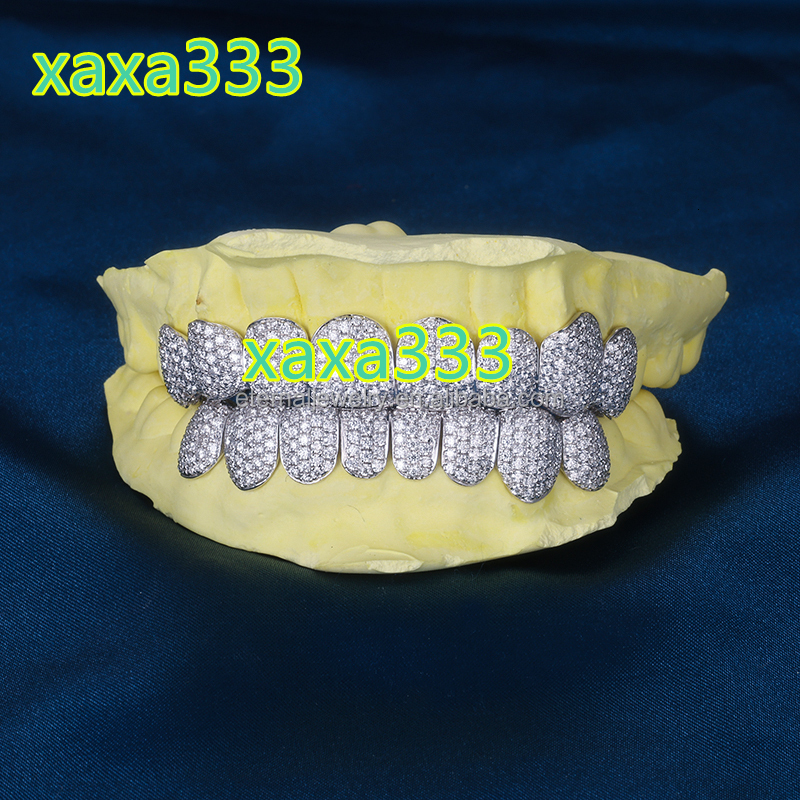 Custom Top Bottom 8 S925 Silver VVS Moissanite Diamond Grillz 10K 14K 18K Solid White Gold Iced Out Grillz for Teeth