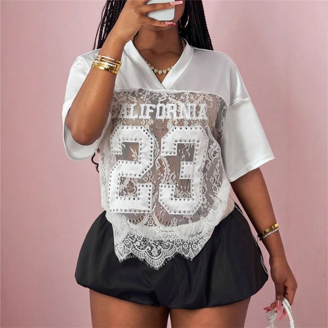 Designer T Shirt Summer New Women S Fashion Foreign Trade Printed Loose Casual Street See Through Sexy Lace Patchwork Top Essentials Summer Dress