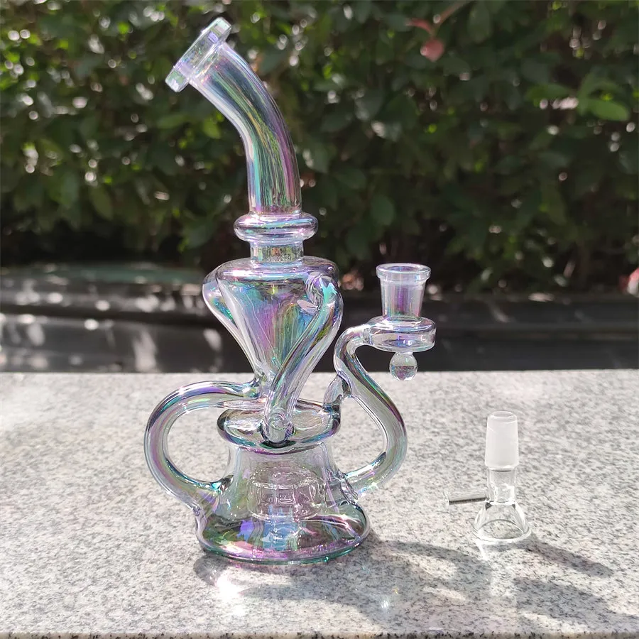 9 Inch Iridescent Hookah Bong Glass Recycler Glass Bongs Water Smoke Pipe Dab Rig 14mm Quartz Banger Art Design
