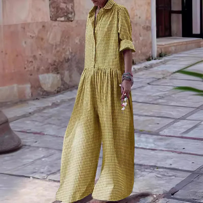 Loose Casual Plaid Print Jumpsuit Fashion Lapel Single Breasted Half Sleeved Wide Leg Jumpsuit Spring Summer Fashion Lady 250528